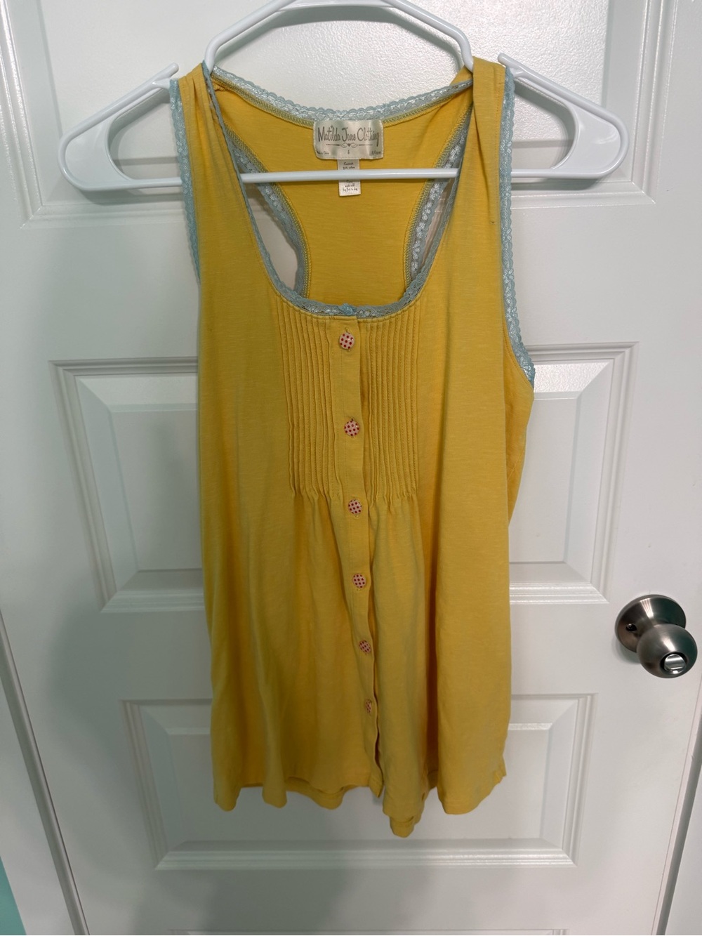 Matilda Jane Yellow Tank with Light Blue Lace Trim and Button Front